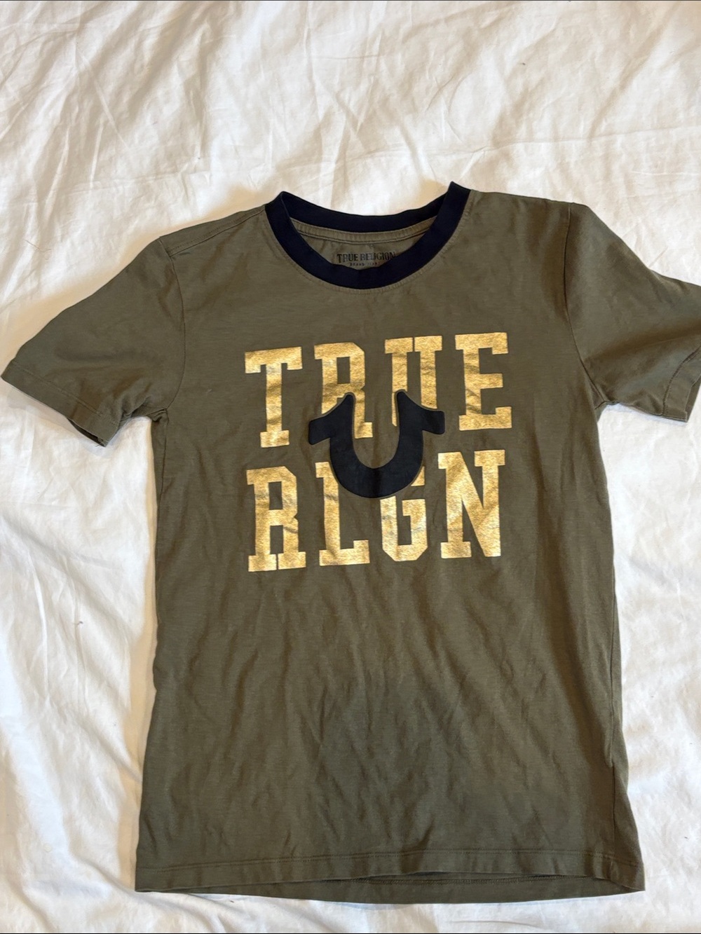 True Religion Olive Green Tee with Gold Logo and Black Accent